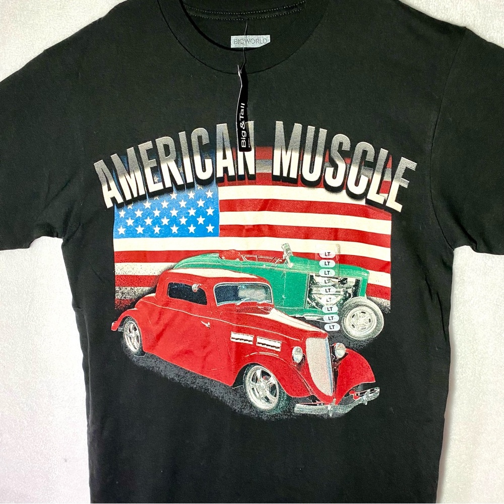 Bioworld American Muscle Mens Black T Shirt Tee LT Flag Car 2013 Tall New